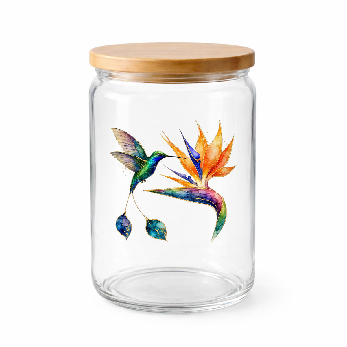 Hummingbird Bird Of Paradise Flower UV DTF sticker applied to a clear glass jar with a wooden lid