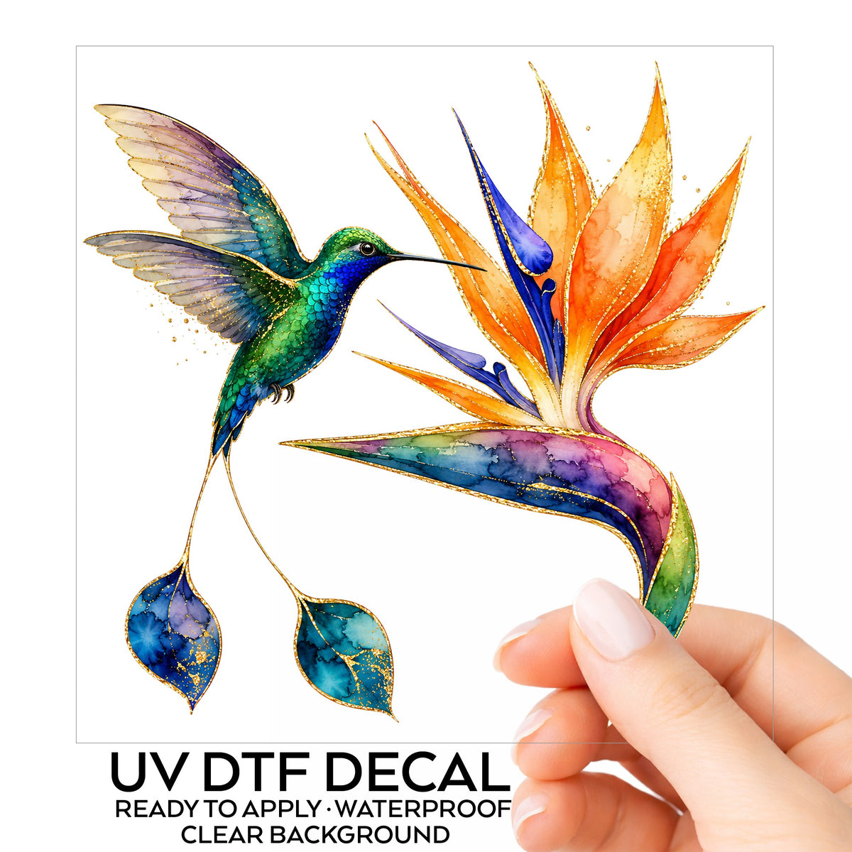 Hummingbird Bird Of Paradise Flower UV DTF sticker on its backing card, held in hand
