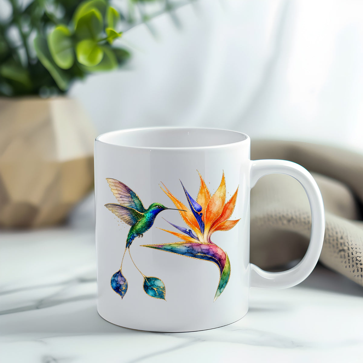Hummingbird Bird Of Paradise Flower UV DTF sticker applied to a white coffee mug
