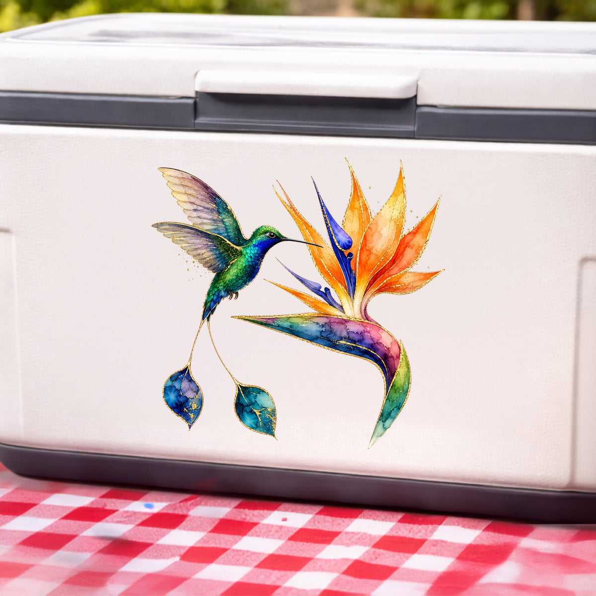 Hummingbird Bird Of Paradise Flower UV DTF sticker applied to a white cooler on a red gingham cloth