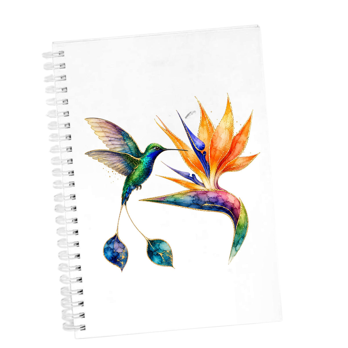 Hummingbird Bird Of Paradise Flower UV DTF sticker applied to the cover of a white spiral journal