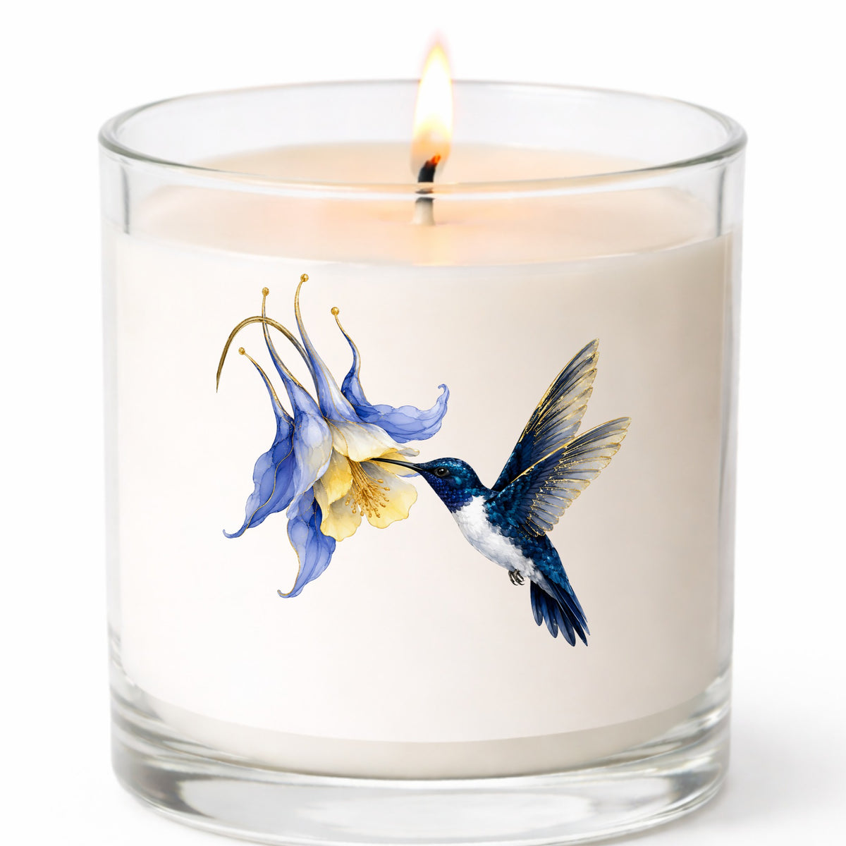 Navy Hummingbird Blue Columbine UV DTF sticker applied to a white candle in a clear glass jar