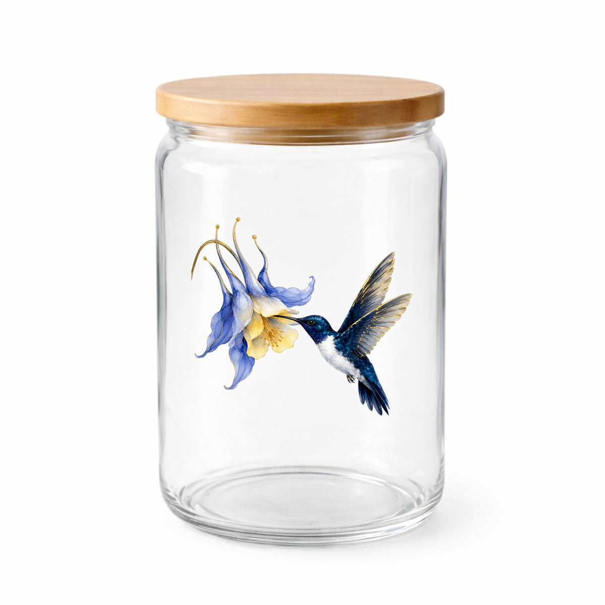 Navy Hummingbird Blue Columbine UV DTF sticker applied to a clear glass jar with a wooden lid