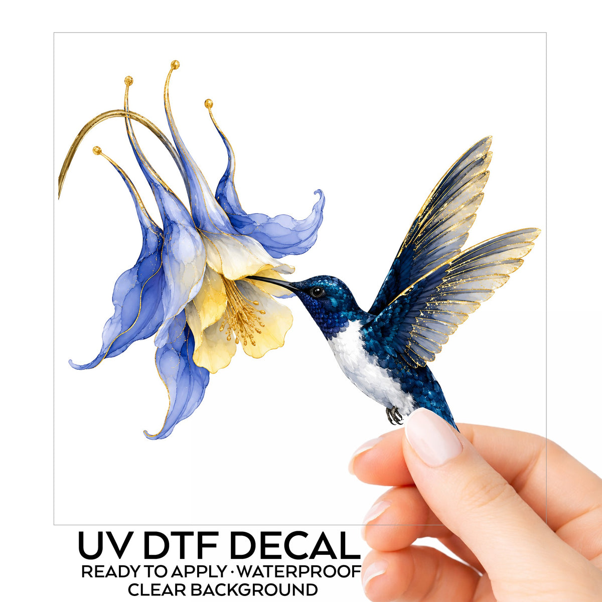 Navy Hummingbird Blue Columbine UV DTF sticker on its backing card, held in hand