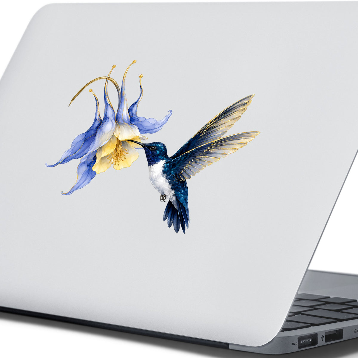 Navy Hummingbird Blue Columbine UV DTF sticker applied to the lid of a silver laptop
