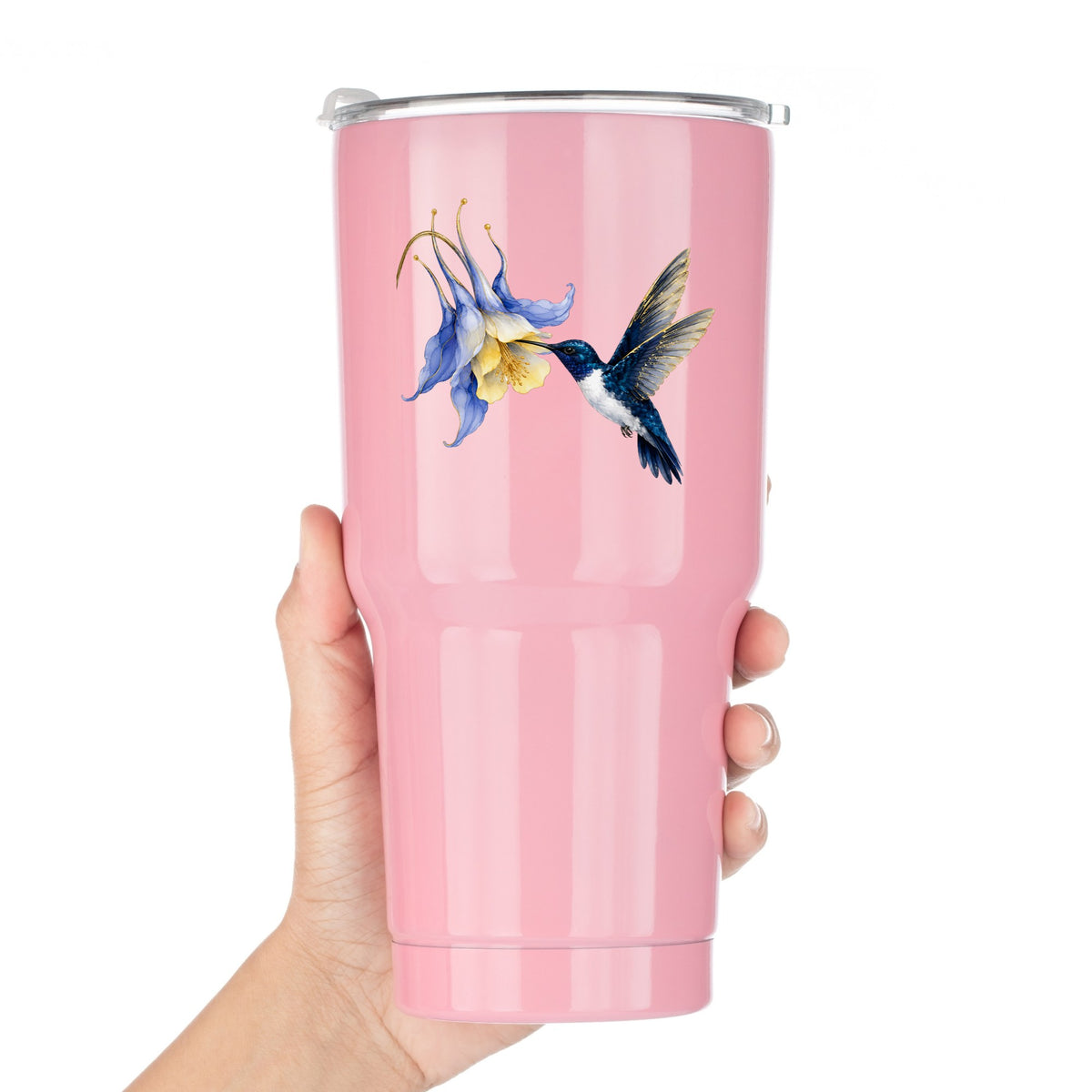 Navy Hummingbird Blue Columbine UV DTF sticker applied to a pink tumbler held against a white background