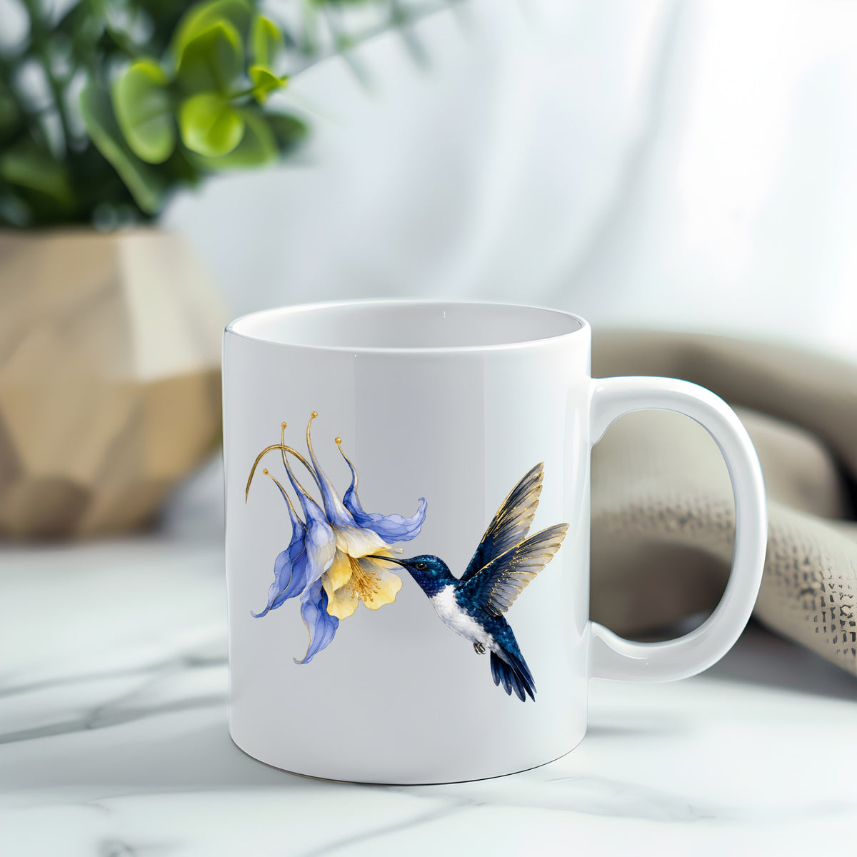 Navy Hummingbird Blue Columbine UV DTF sticker applied to a white coffee mug
