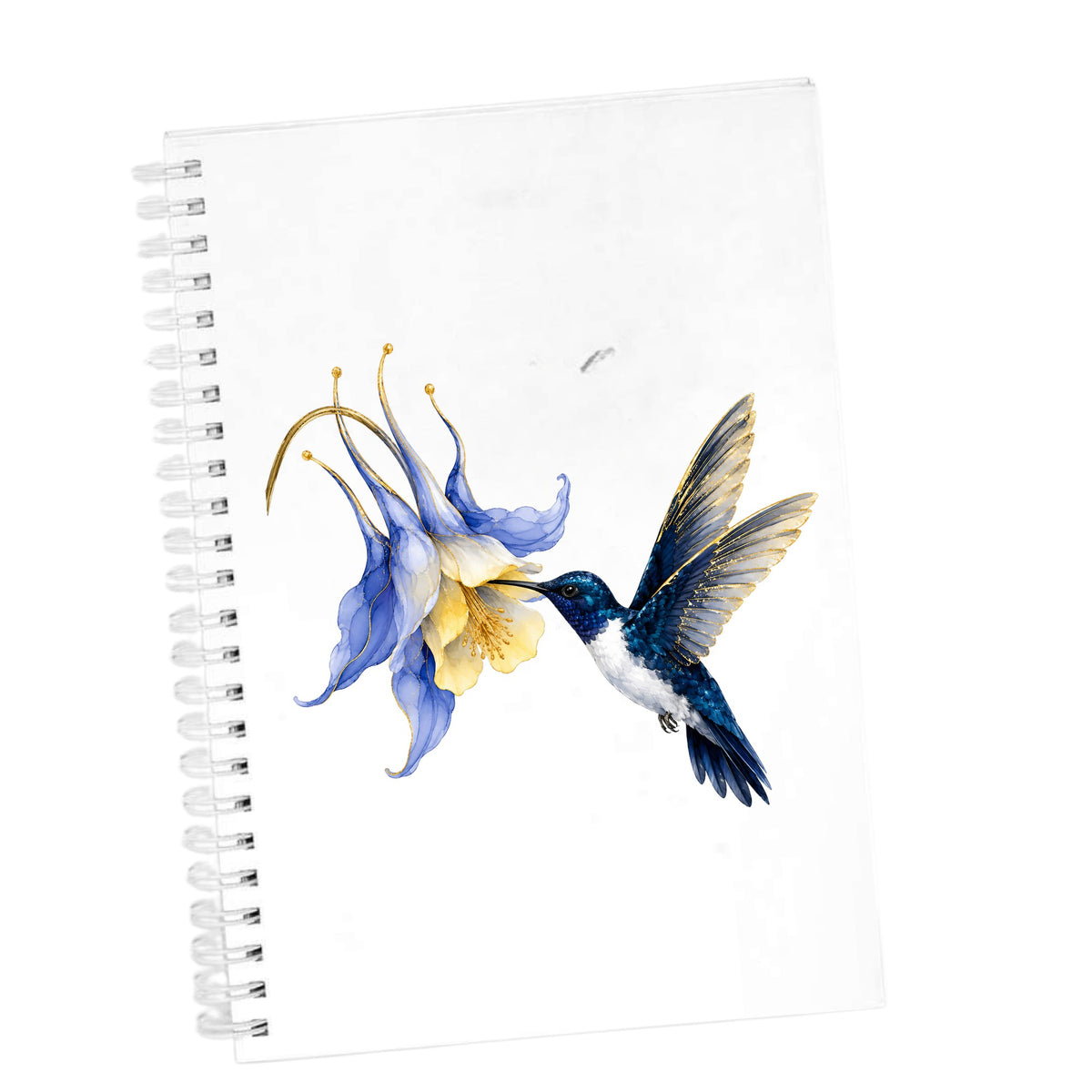 Navy Hummingbird Blue Columbine UV DTF sticker applied to the cover of a white spiral journal