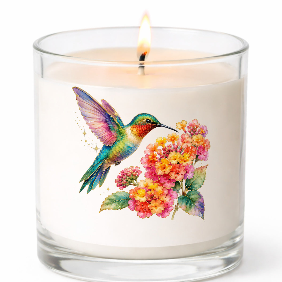 Rainbow Hummingbird Lantana UV DTF sticker applied to a white candle in a clear glass jar