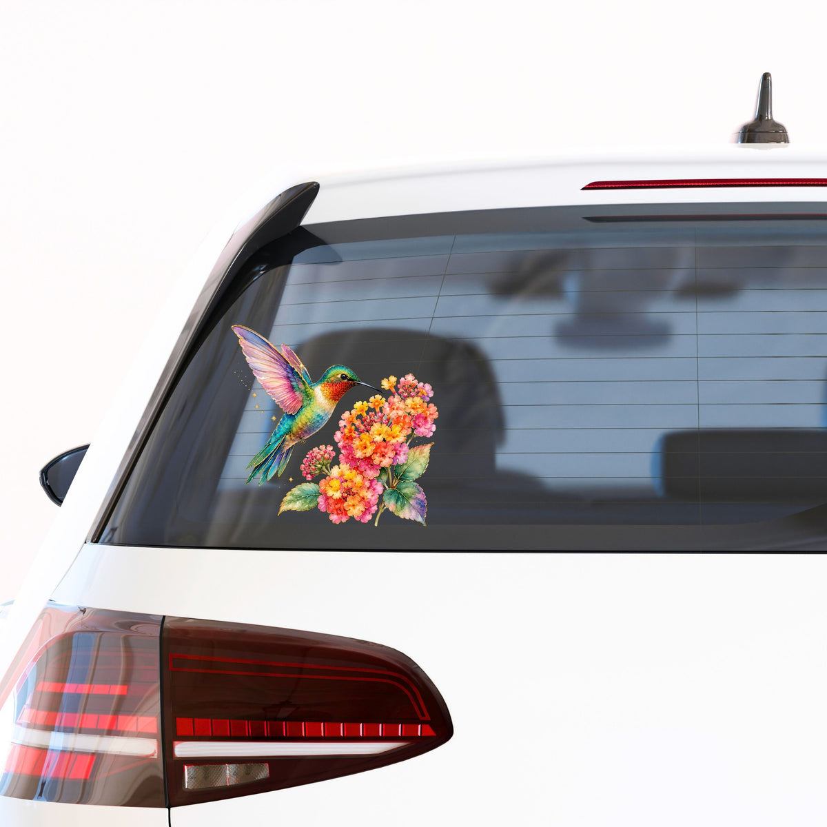 Rainbow Hummingbird Lantana UV DTF sticker applied to the rear window of a white car