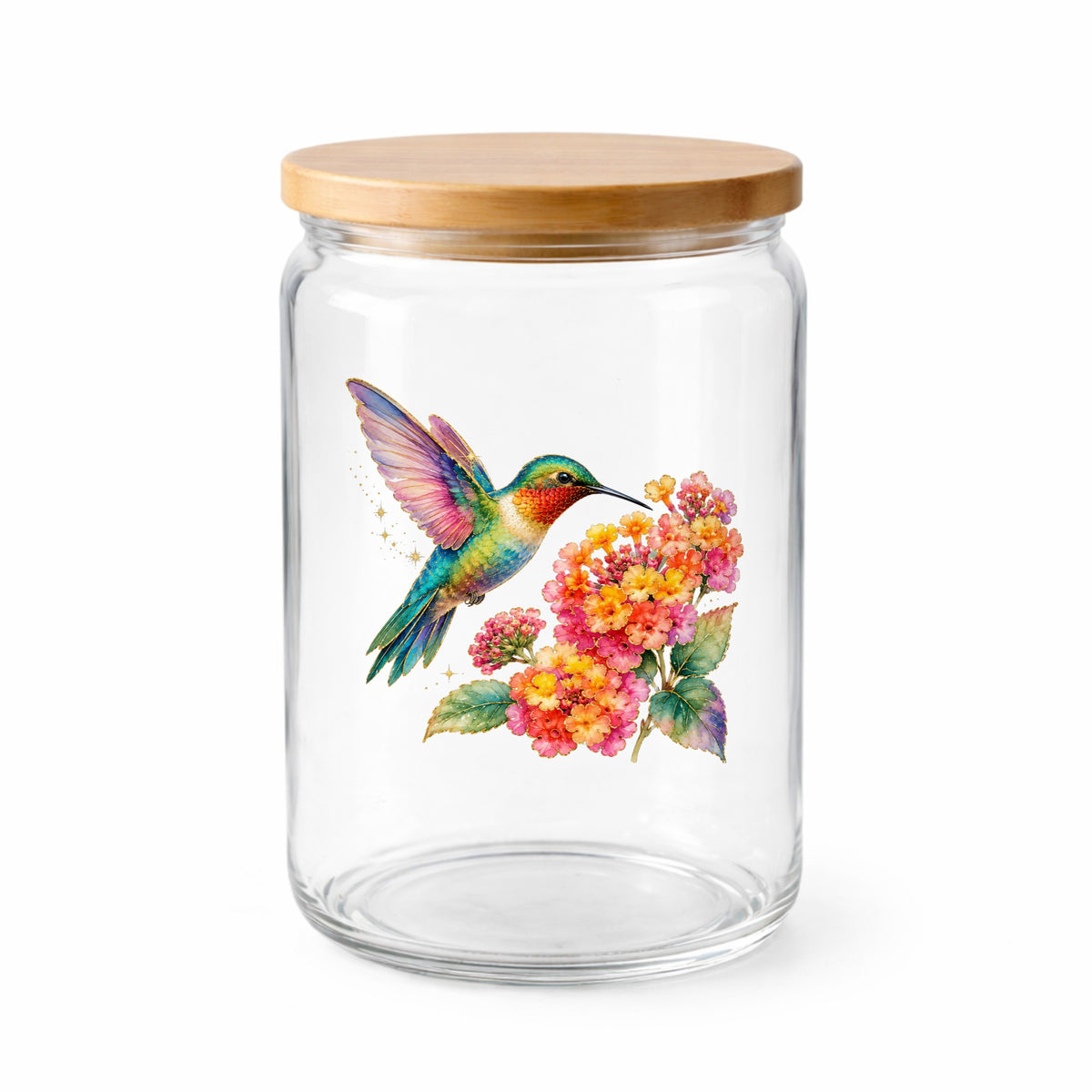 Rainbow Hummingbird Lantana UV DTF sticker applied to a clear glass jar with a wooden lid