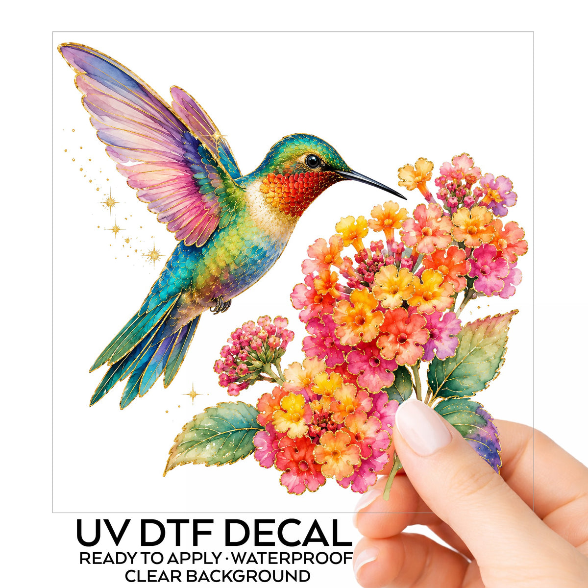 Rainbow Hummingbird Lantana UV DTF sticker on its backing card, held in hand