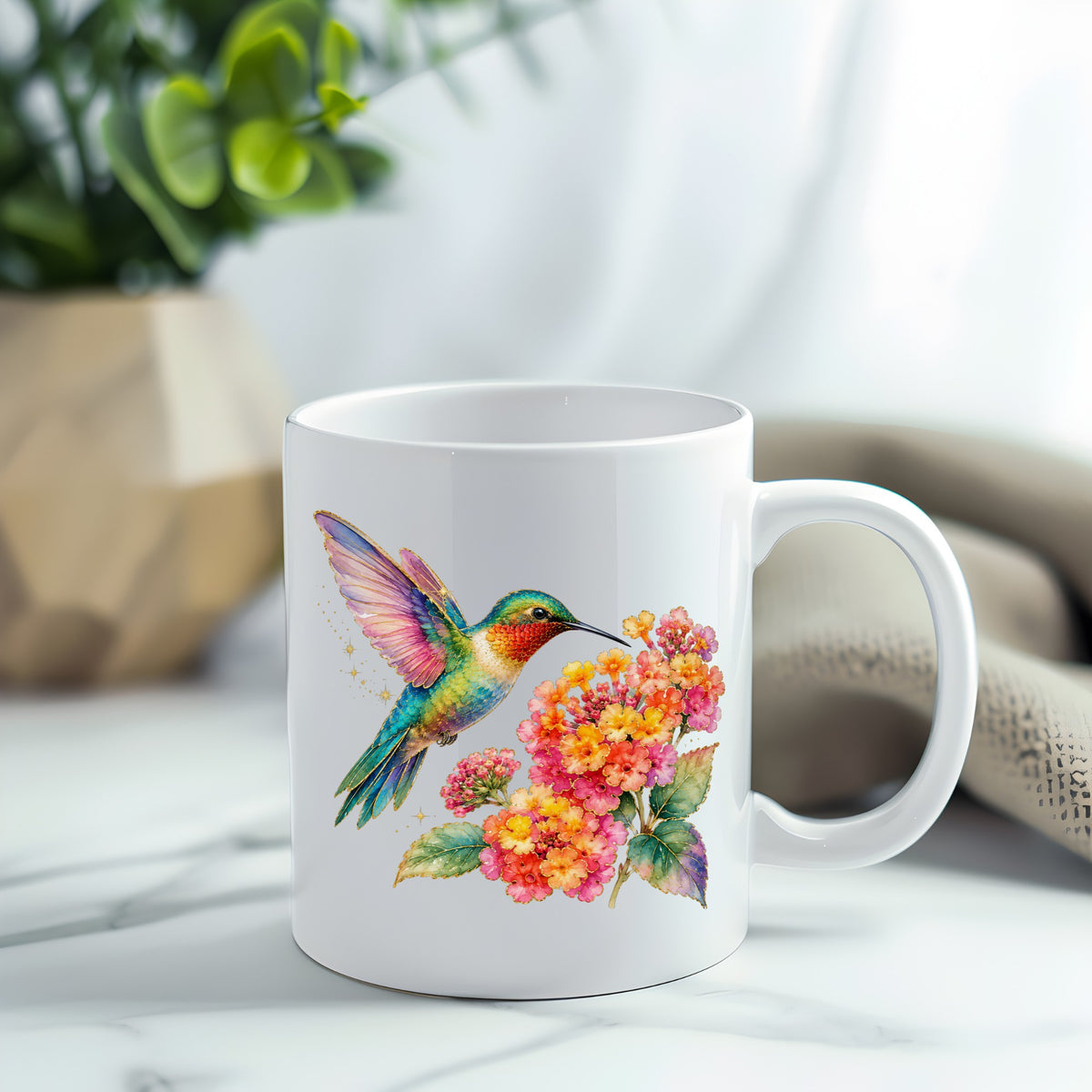 Rainbow Hummingbird Lantana UV DTF sticker applied to a white coffee mug