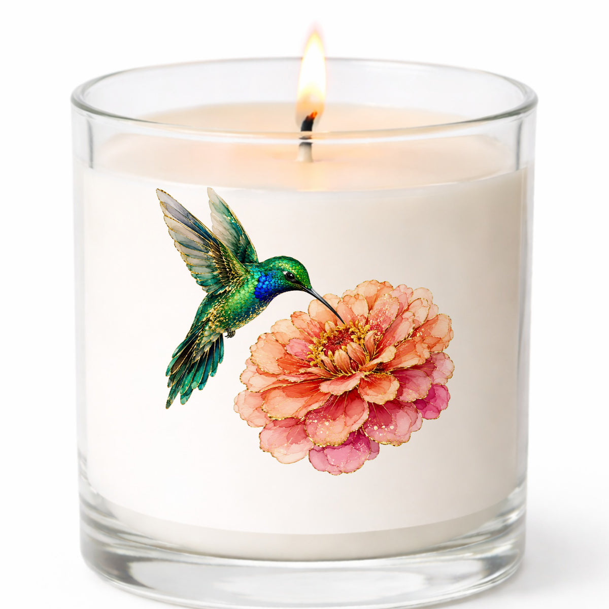 Hummingbird Coral Zinnia UV DTF sticker applied to a white candle in a clear glass jar