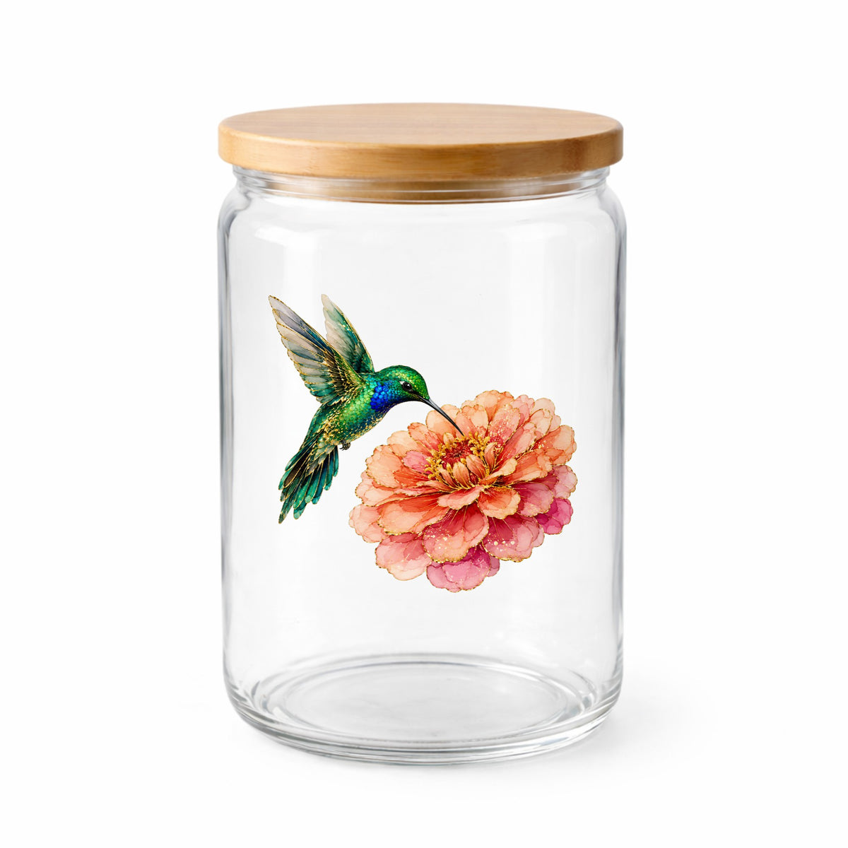 Hummingbird Coral Zinnia UV DTF sticker applied to a clear glass jar with a wooden lid