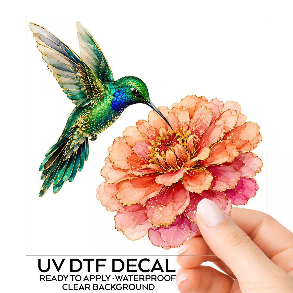 Hummingbird Coral Zinnia UV DTF sticker on its backing card, held in hand