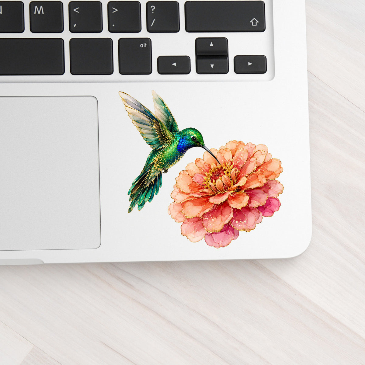 Hummingbird Coral Zinnia UV DTF sticker applied to a silver laptop beside the keyboard