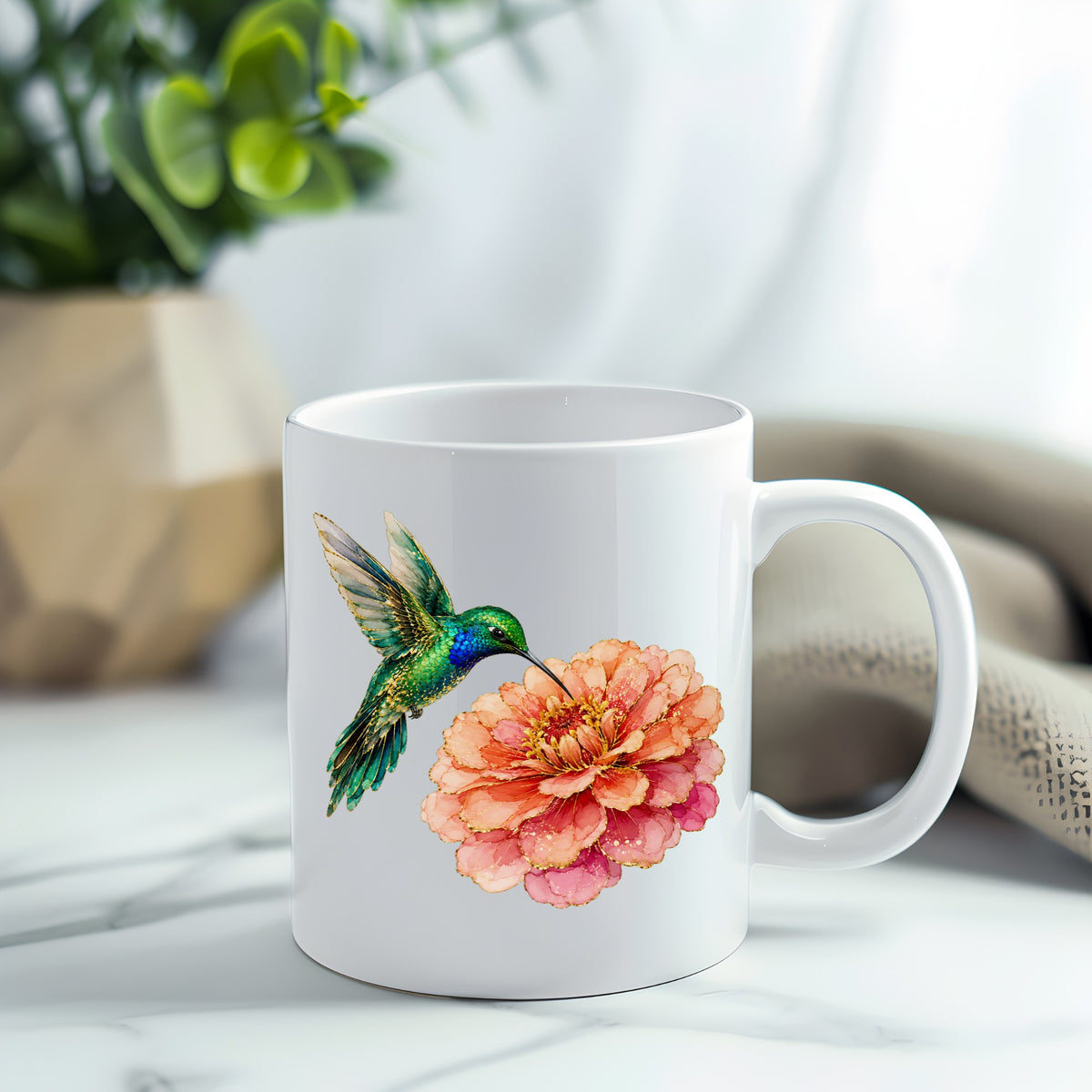 Hummingbird Coral Zinnia UV DTF sticker applied to a white coffee mug