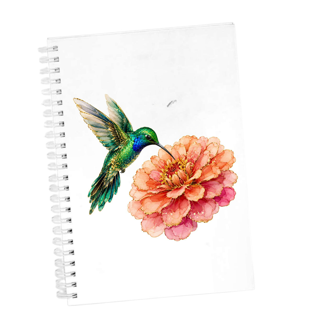 Hummingbird Coral Zinnia UV DTF sticker applied to the cover of a white spiral journal
