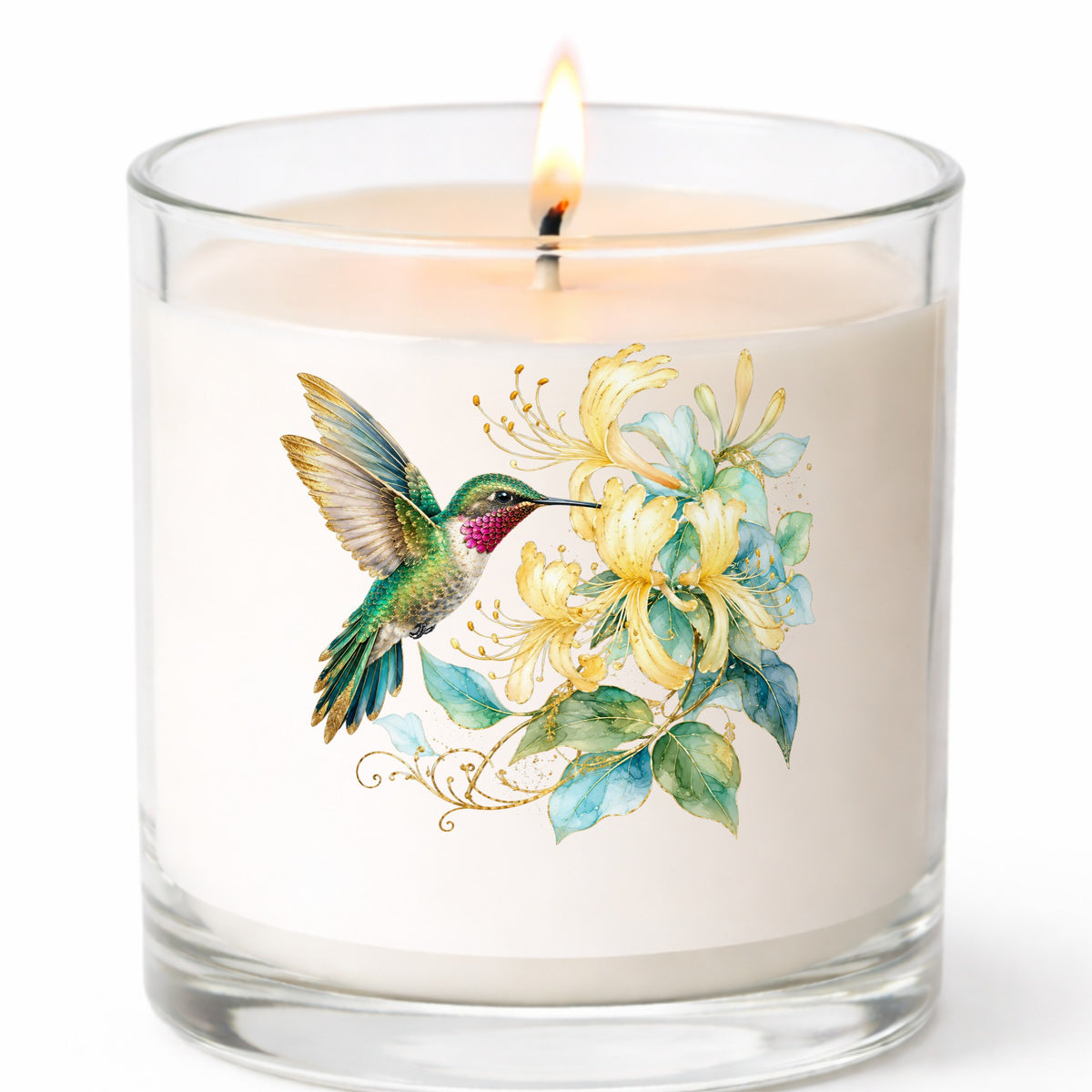 Hummingbird Yellow Honeysuckle UV DTF sticker applied to a white candle in a clear glass jar