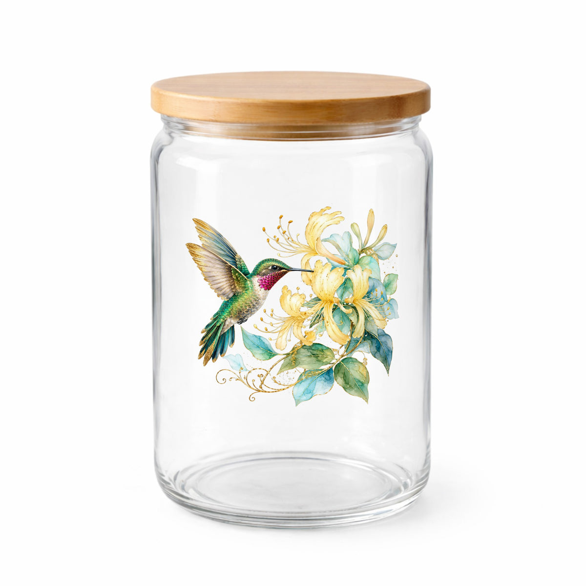 Hummingbird Yellow Honeysuckle UV DTF sticker applied to a clear glass jar with a wooden lid