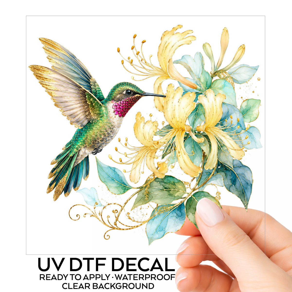 Hummingbird Yellow Honeysuckle UV DTF sticker on its backing card, held in hand