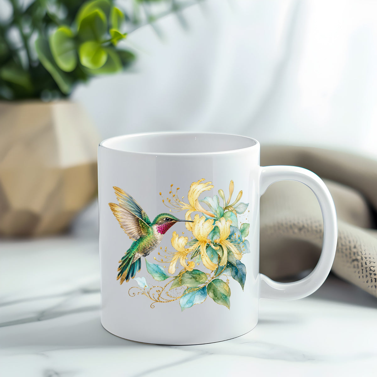 Hummingbird Yellow Honeysuckle UV DTF sticker applied to a white coffee mug