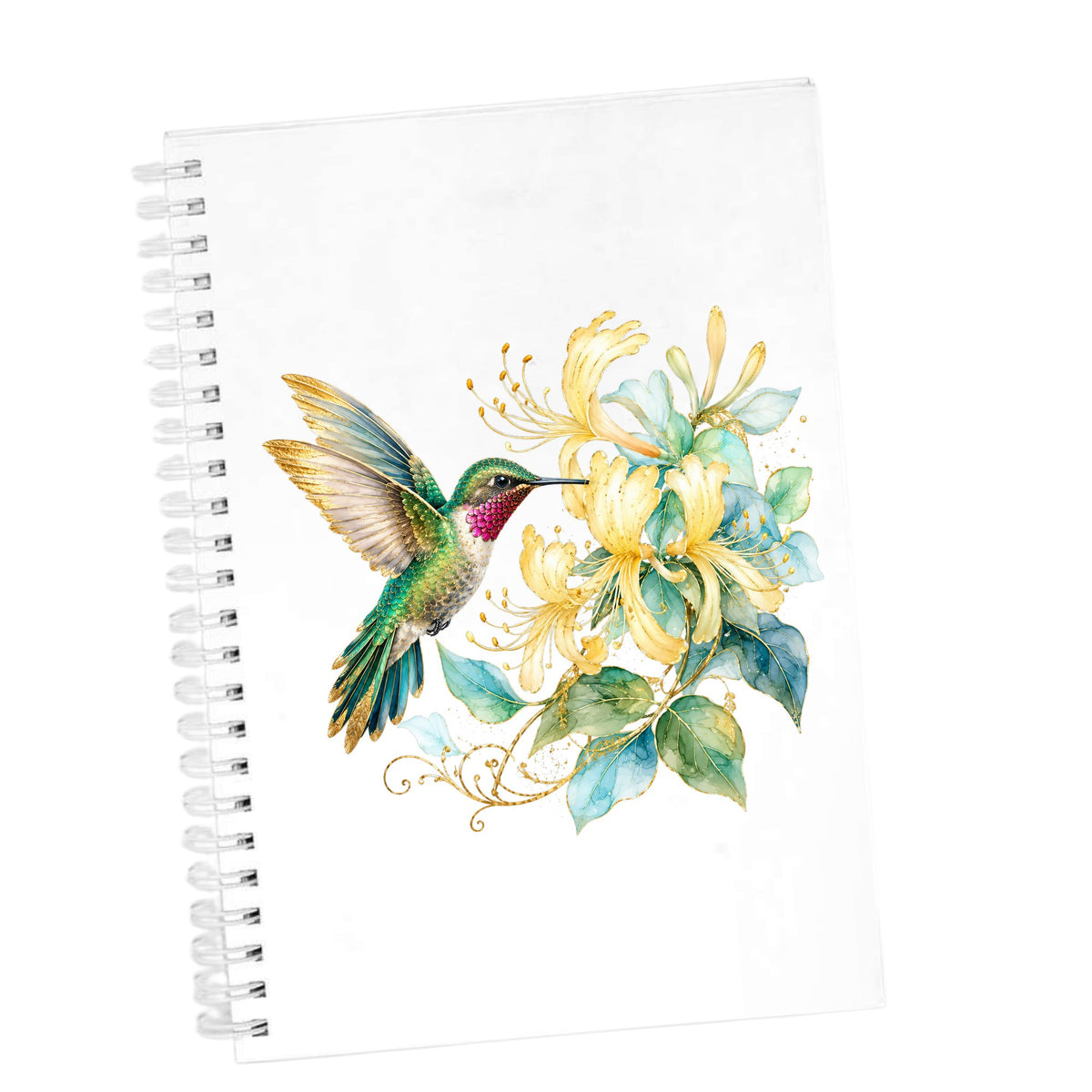 Hummingbird Yellow Honeysuckle UV DTF sticker applied to the cover of a white spiral journal