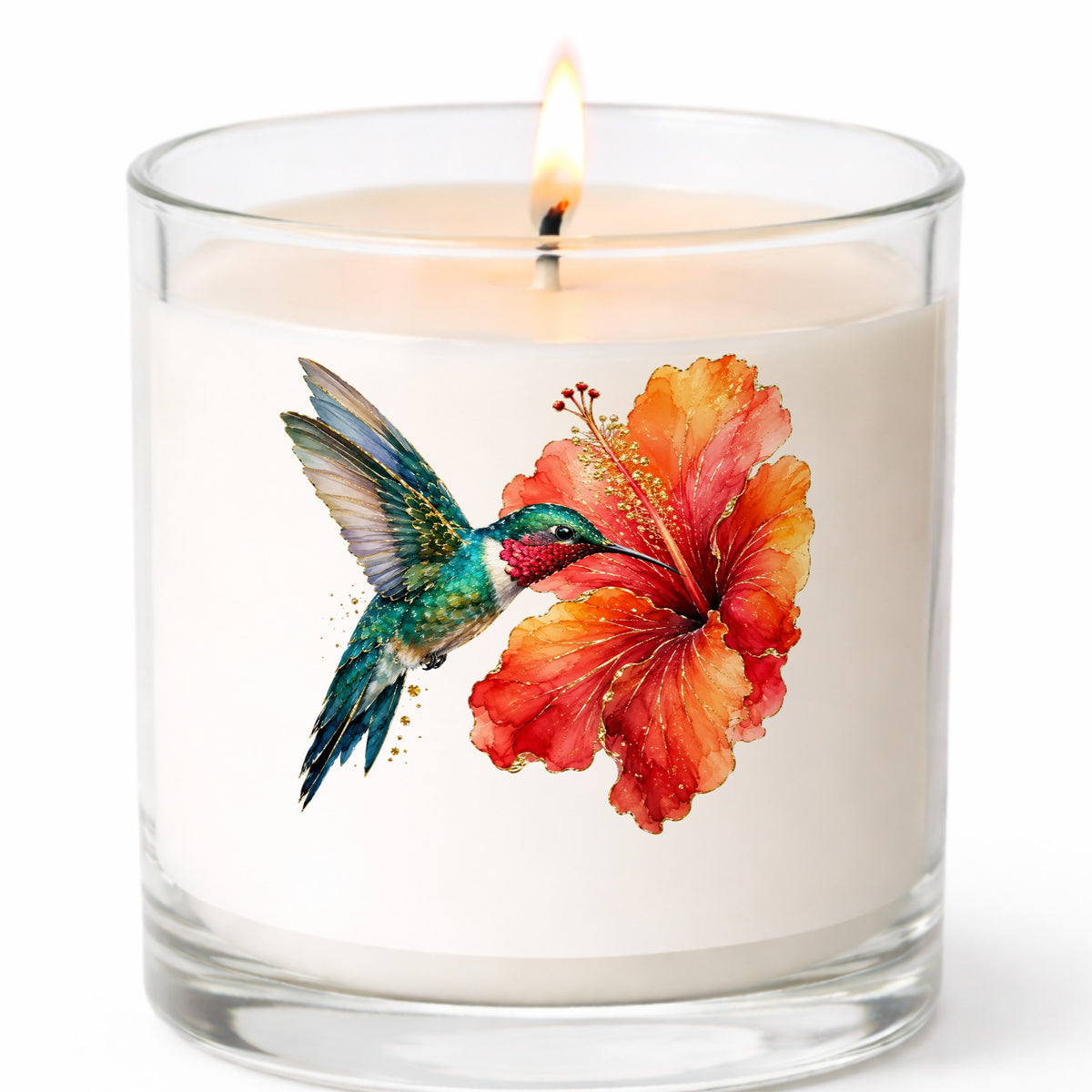 Hummingbird Red Hibiscus UV DTF sticker applied to a white candle in a clear glass jar