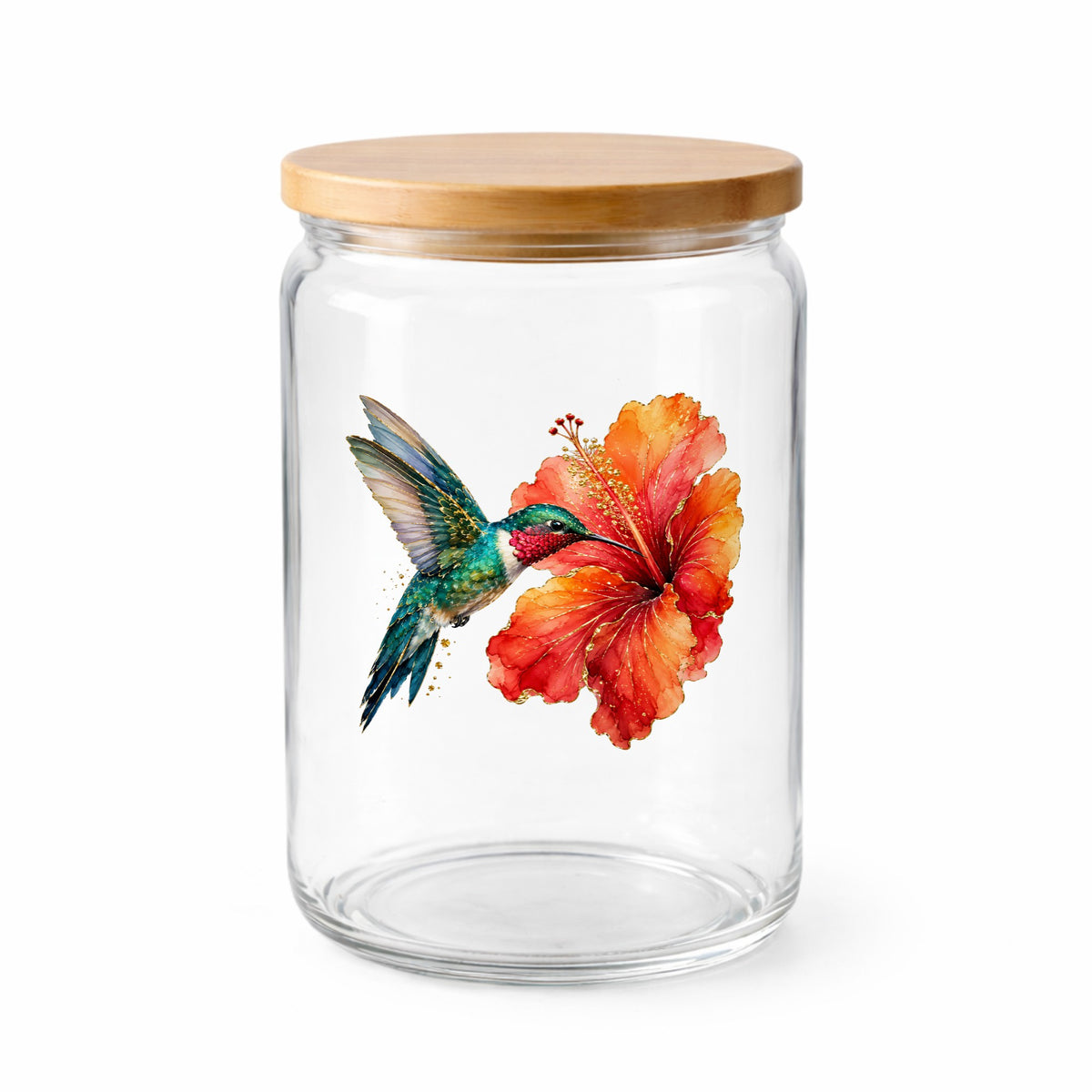 Hummingbird Red Hibiscus UV DTF sticker applied to a clear glass jar with a wooden lid