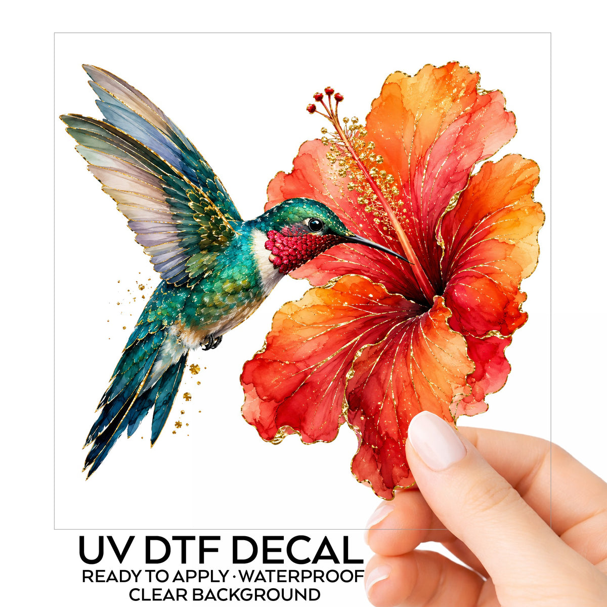 Hummingbird Red Hibiscus UV DTF sticker on its backing card, held in hand
