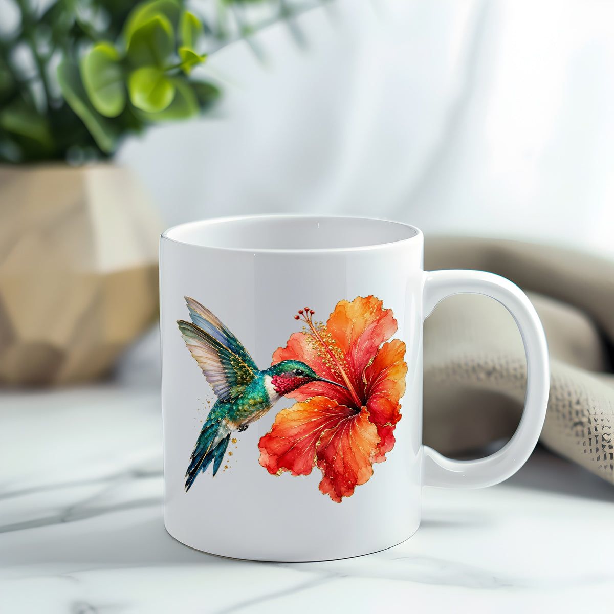 Hummingbird Red Hibiscus UV DTF sticker applied to a white coffee mug