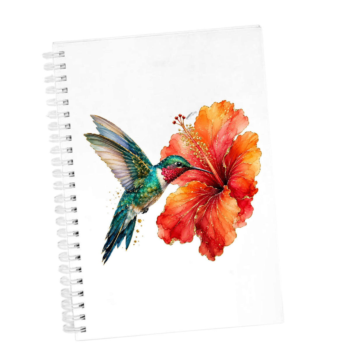 Hummingbird Red Hibiscus UV DTF sticker applied to the cover of a white spiral journal