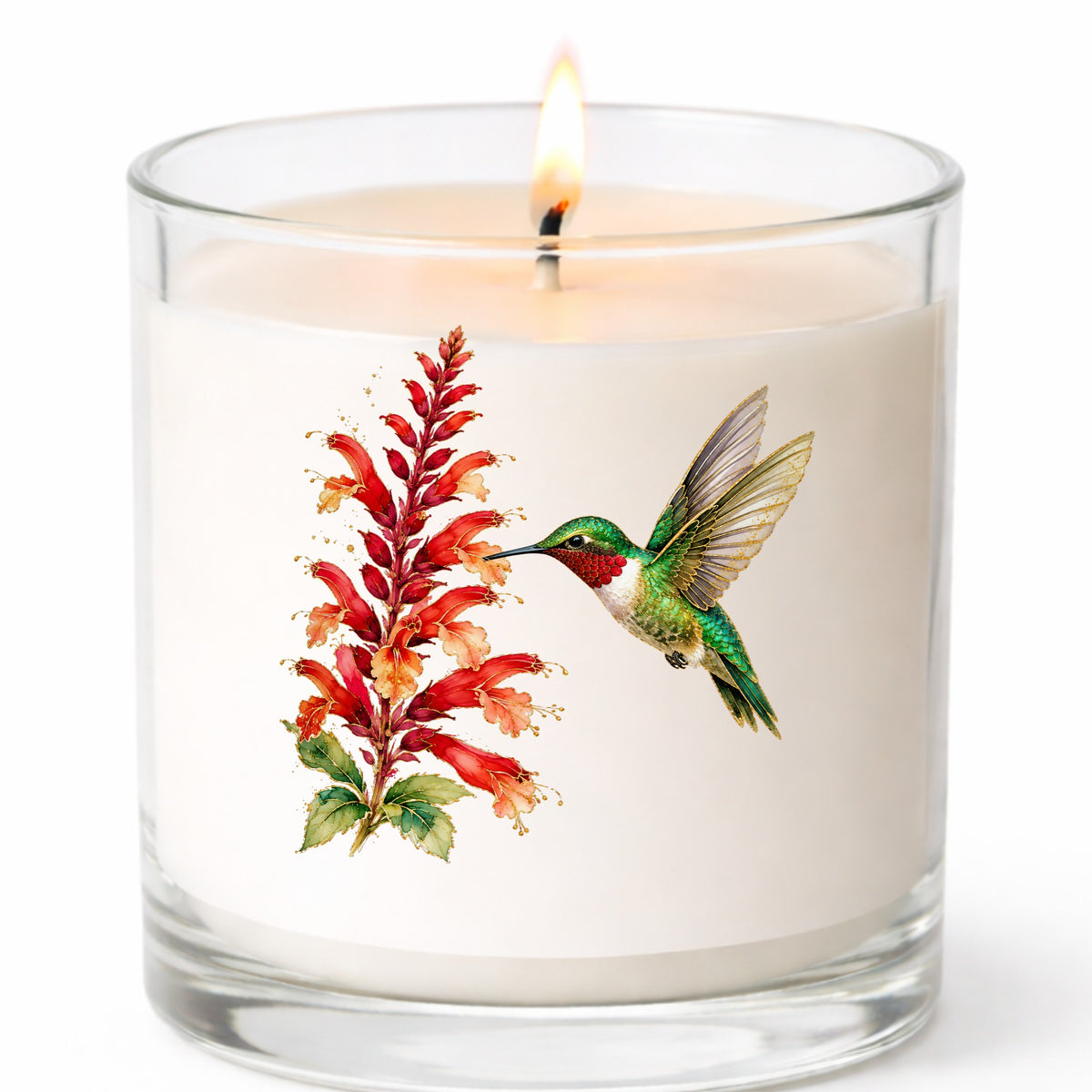 Hummingbird Red Salvia UV DTF sticker applied to a white candle in a clear glass jar