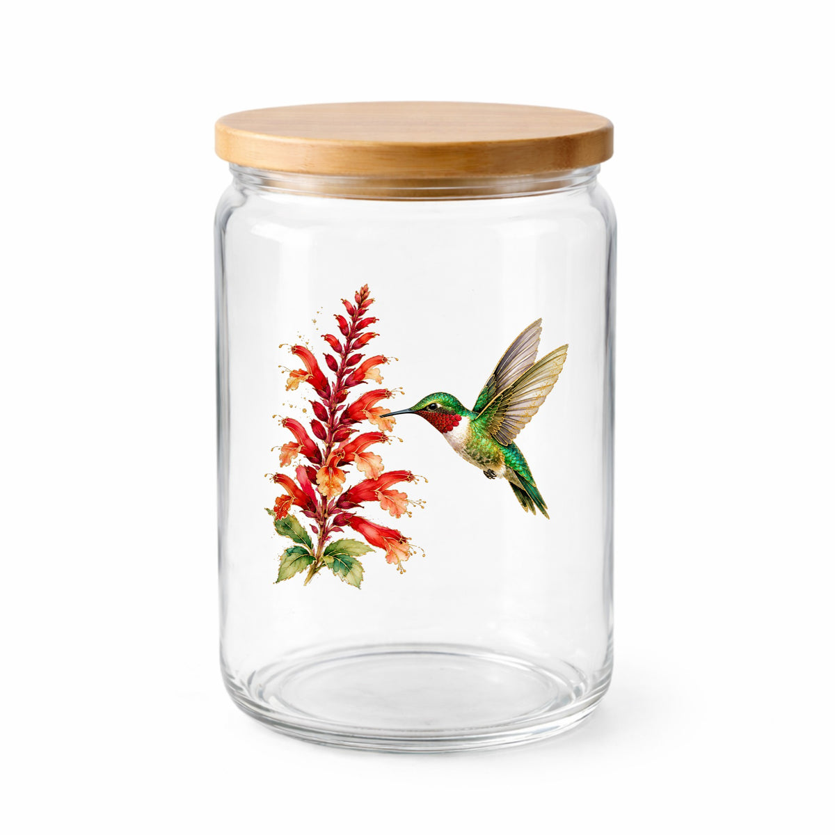 Hummingbird Red Salvia UV DTF sticker applied to a clear glass jar with a wooden lid