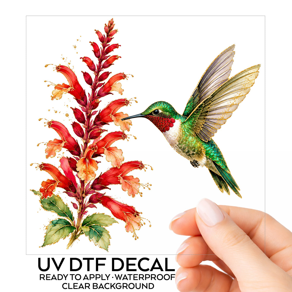 Hummingbird Red Salvia UV DTF sticker on its backing card, held in hand