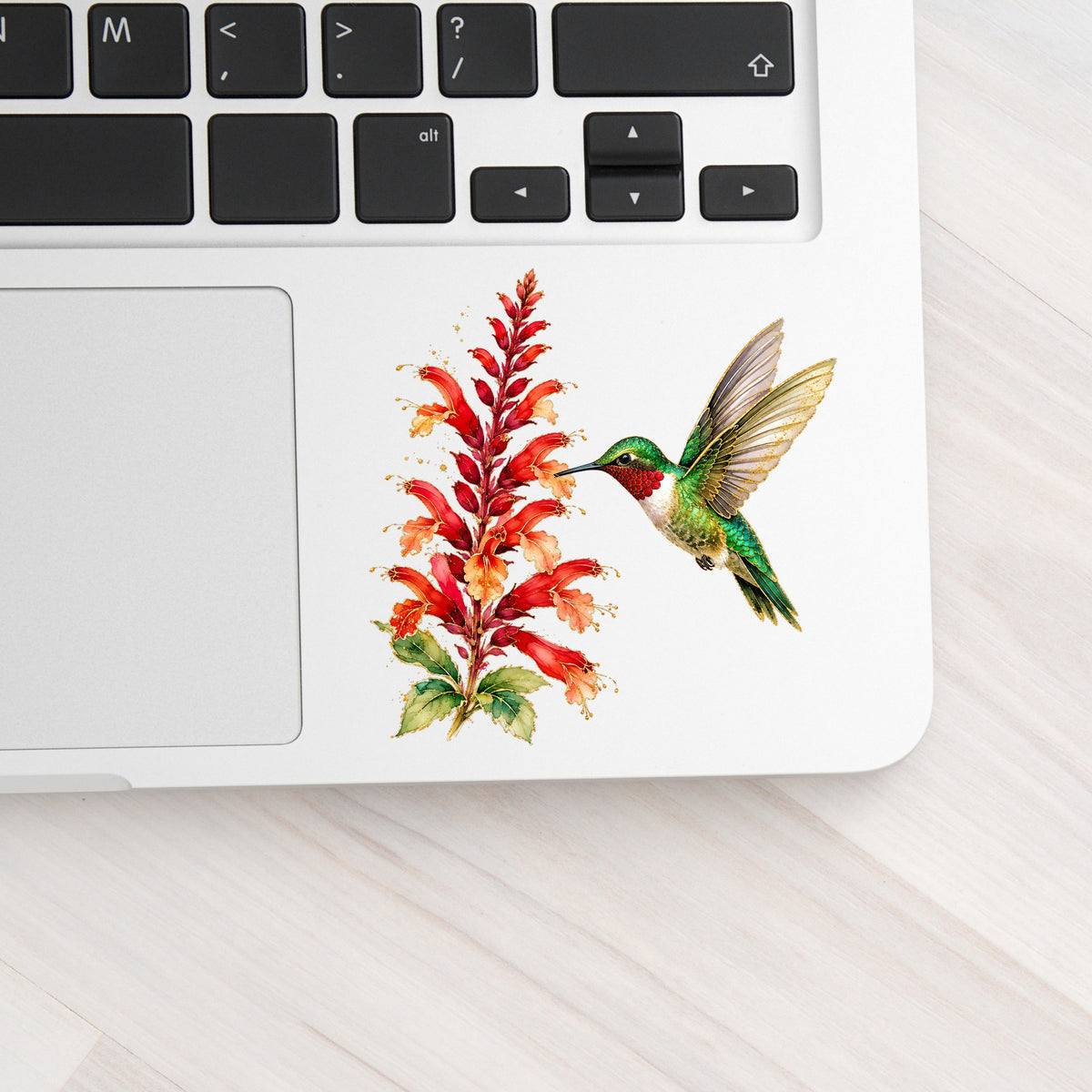 Hummingbird Red Salvia UV DTF sticker applied to a silver laptop beside the keyboard