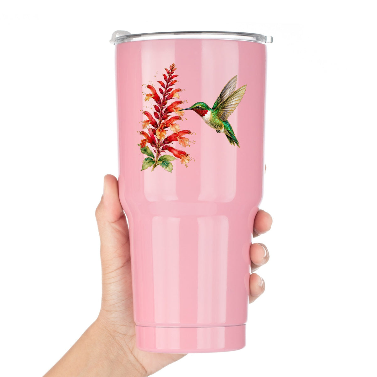 Hummingbird Red Salvia UV DTF sticker applied to a pink tumbler held against a white background
