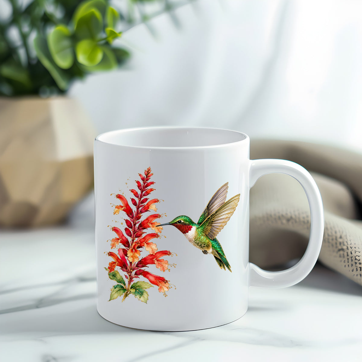 Hummingbird Red Salvia UV DTF sticker applied to a white coffee mug
