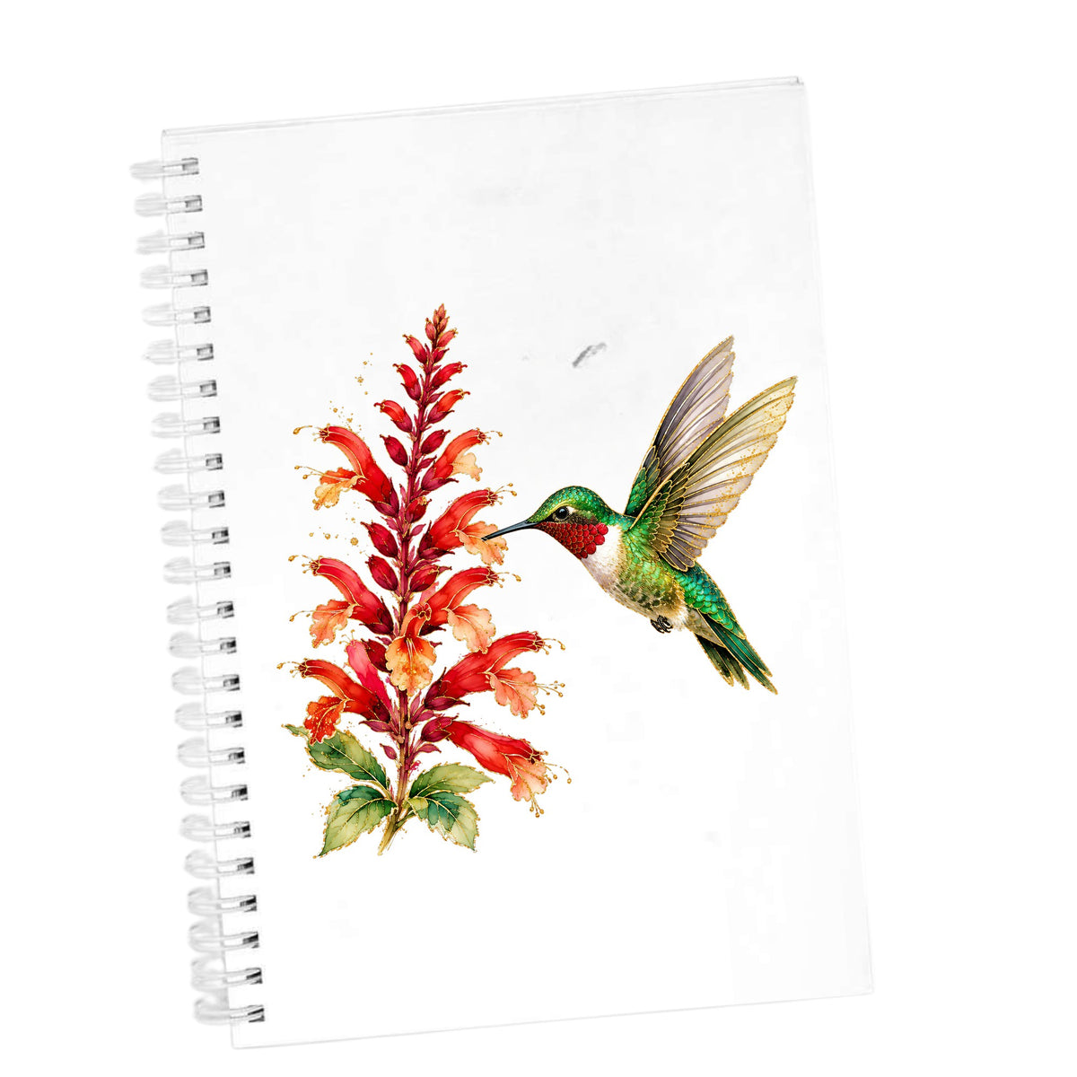 Hummingbird Red Salvia UV DTF sticker applied to the cover of a white spiral journal