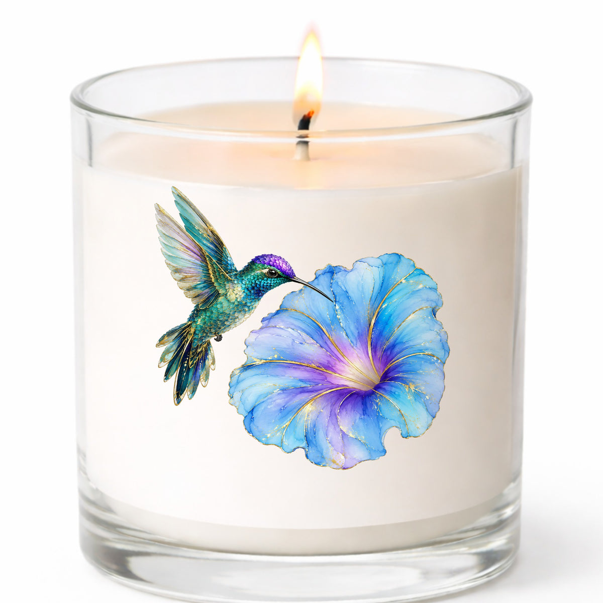 Teal Hummingbird Blue Morning Glory UV DTF sticker applied to a white candle in a clear glass jar