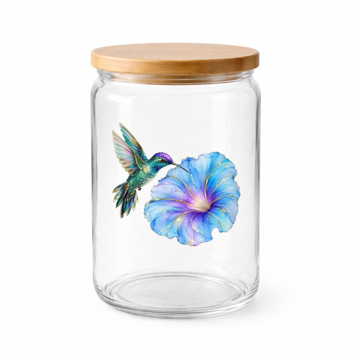 Teal Hummingbird Blue Morning Glory UV DTF sticker applied to a clear glass jar with a wooden lid