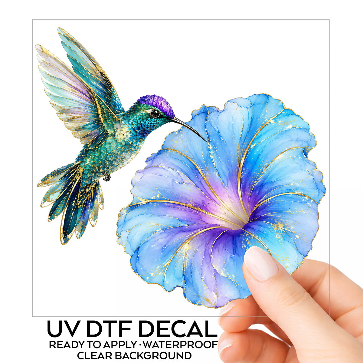 Teal Hummingbird Blue Morning Glory UV DTF sticker on its backing card, held in hand