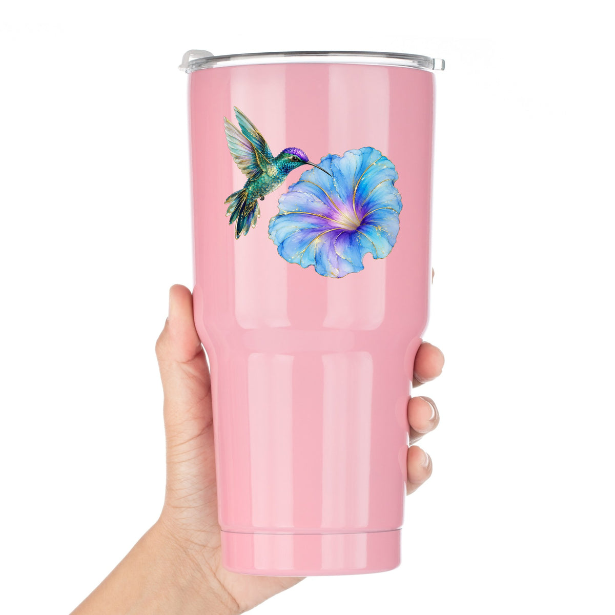 Teal Hummingbird Blue Morning Glory UV DTF sticker applied to a pink tumbler held against a white background