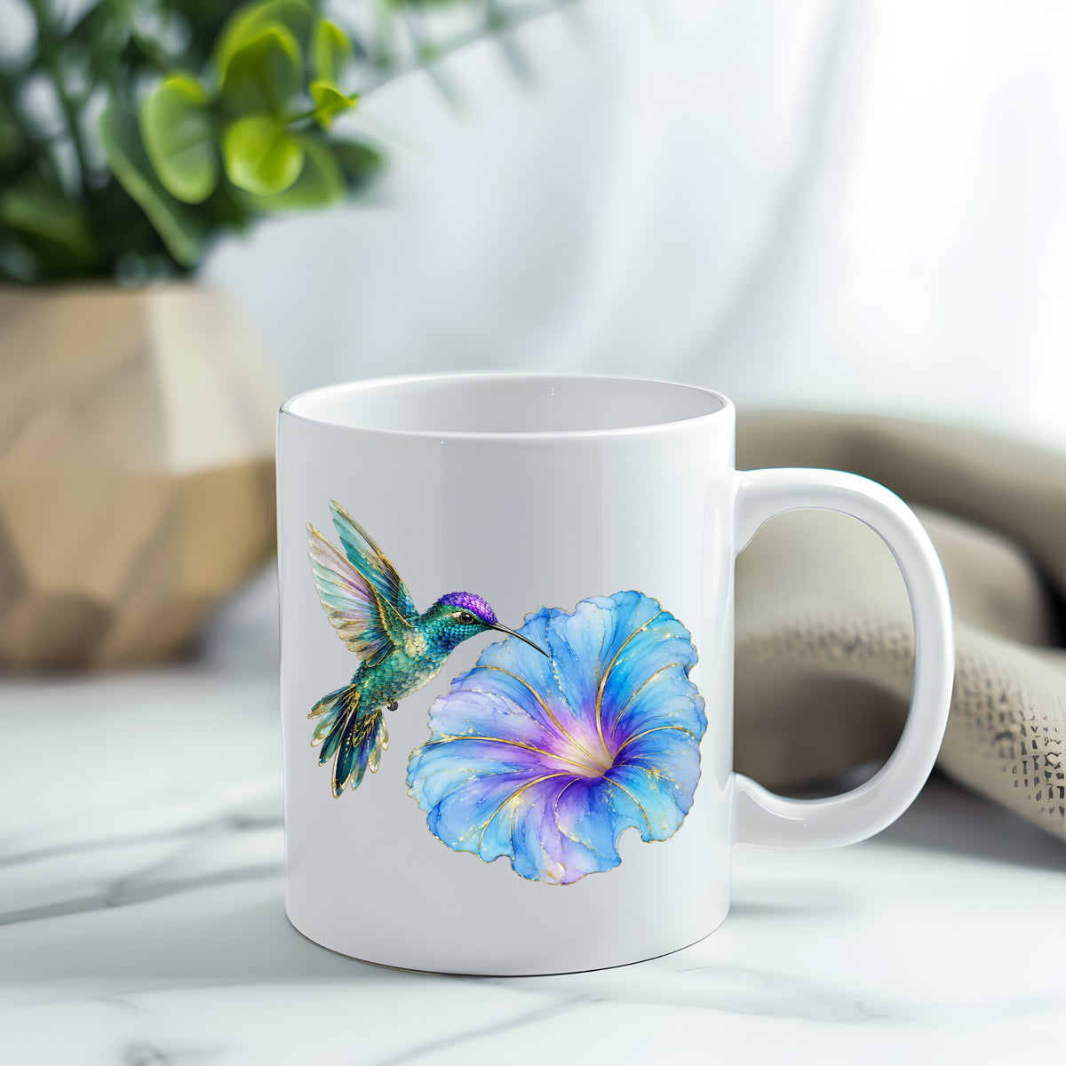 Teal Hummingbird Blue Morning Glory UV DTF sticker applied to a white coffee mug