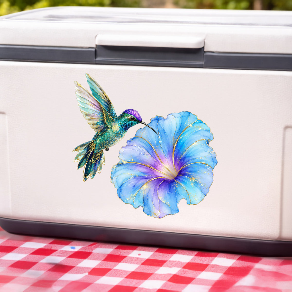 Teal Hummingbird Blue Morning Glory UV DTF sticker applied to a white cooler on a red gingham cloth