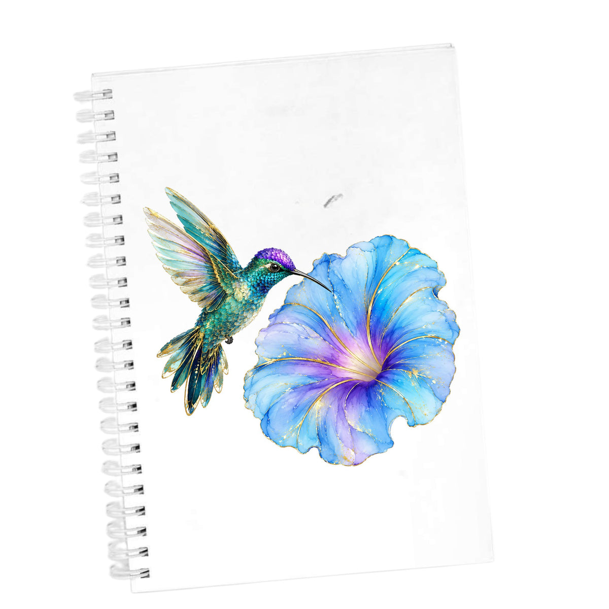 Teal Hummingbird Blue Morning Glory UV DTF sticker applied to the cover of a white spiral journal