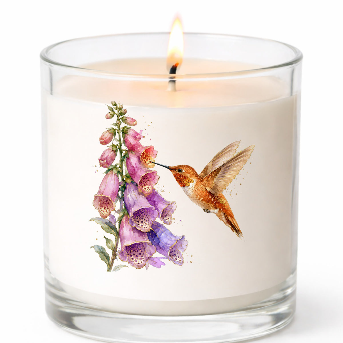 Rufous Hummingbird Pink Foxglove UV DTF sticker applied to a white candle in a clear glass jar