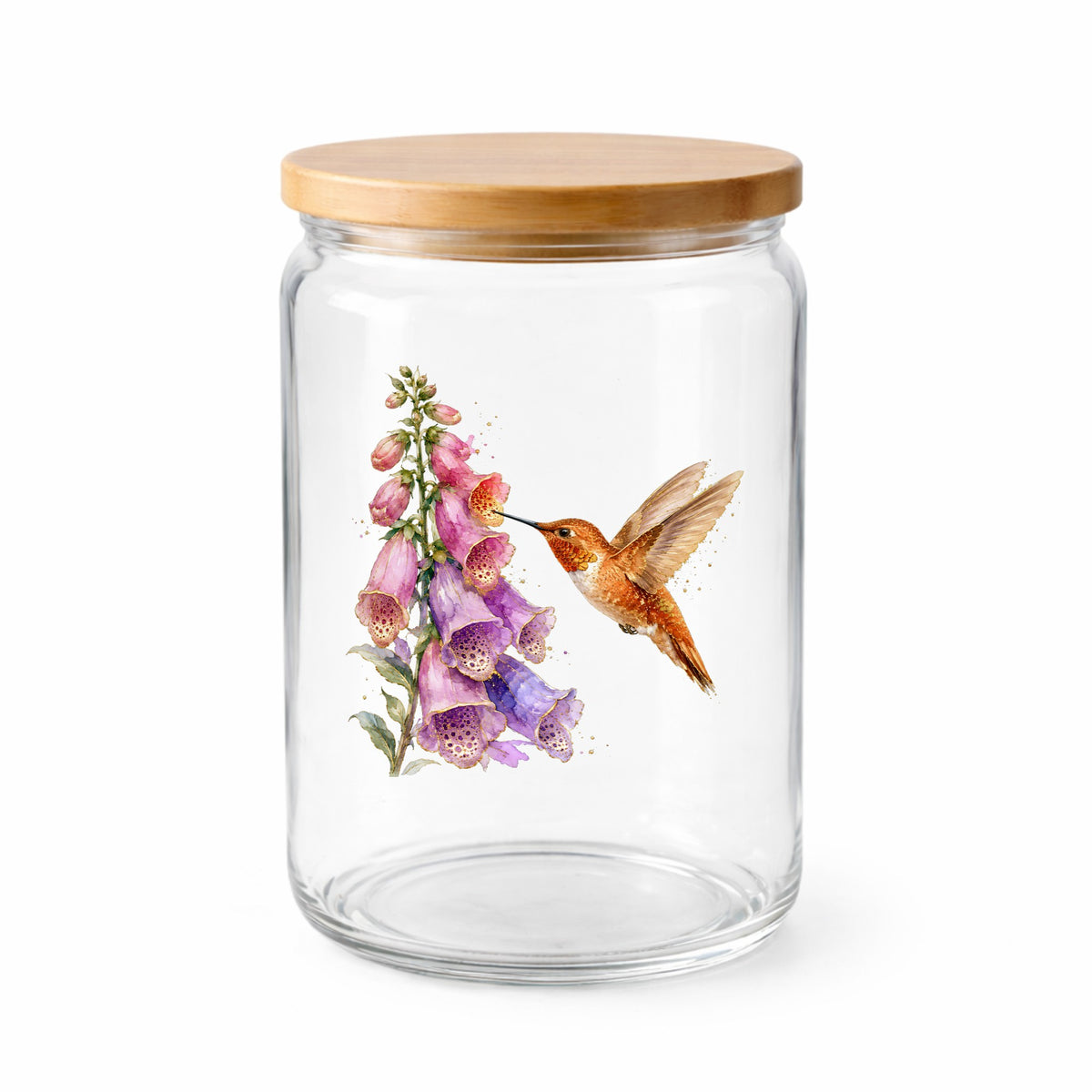 Rufous Hummingbird Pink Foxglove UV DTF sticker applied to a clear glass jar with a wooden lid
