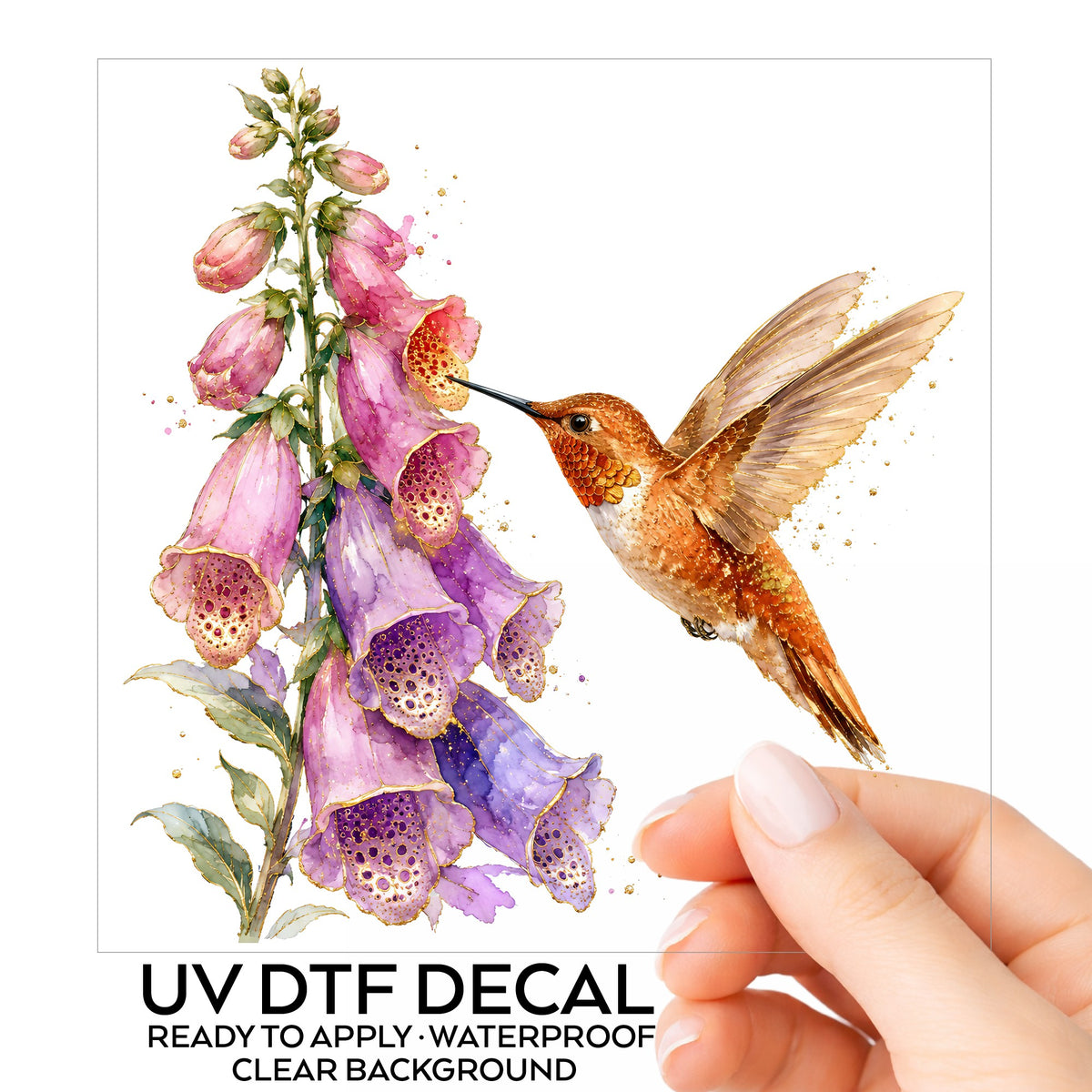 Rufous Hummingbird Pink Foxglove UV DTF sticker on its backing card, held in hand